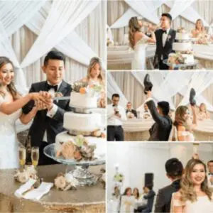 A couple cutting their wedding cake at the reception.