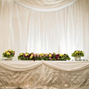 A table with flowers and candles on it