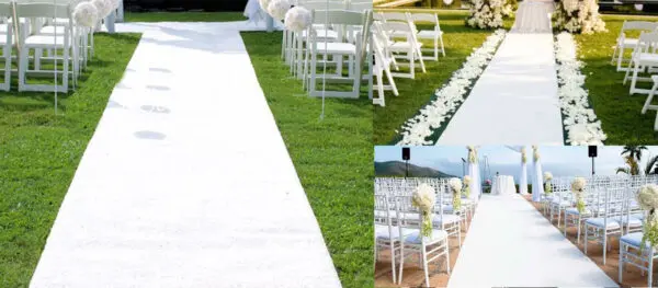 A wedding ceremony with white chairs and flowers.