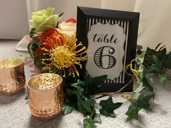 A table with a candle and flowers on it