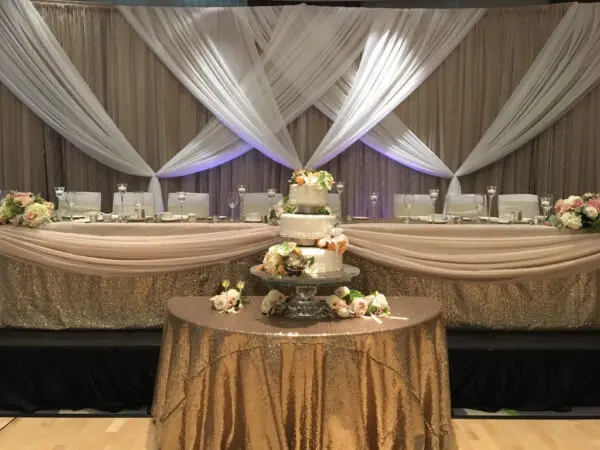 A wedding cake on top of a table.