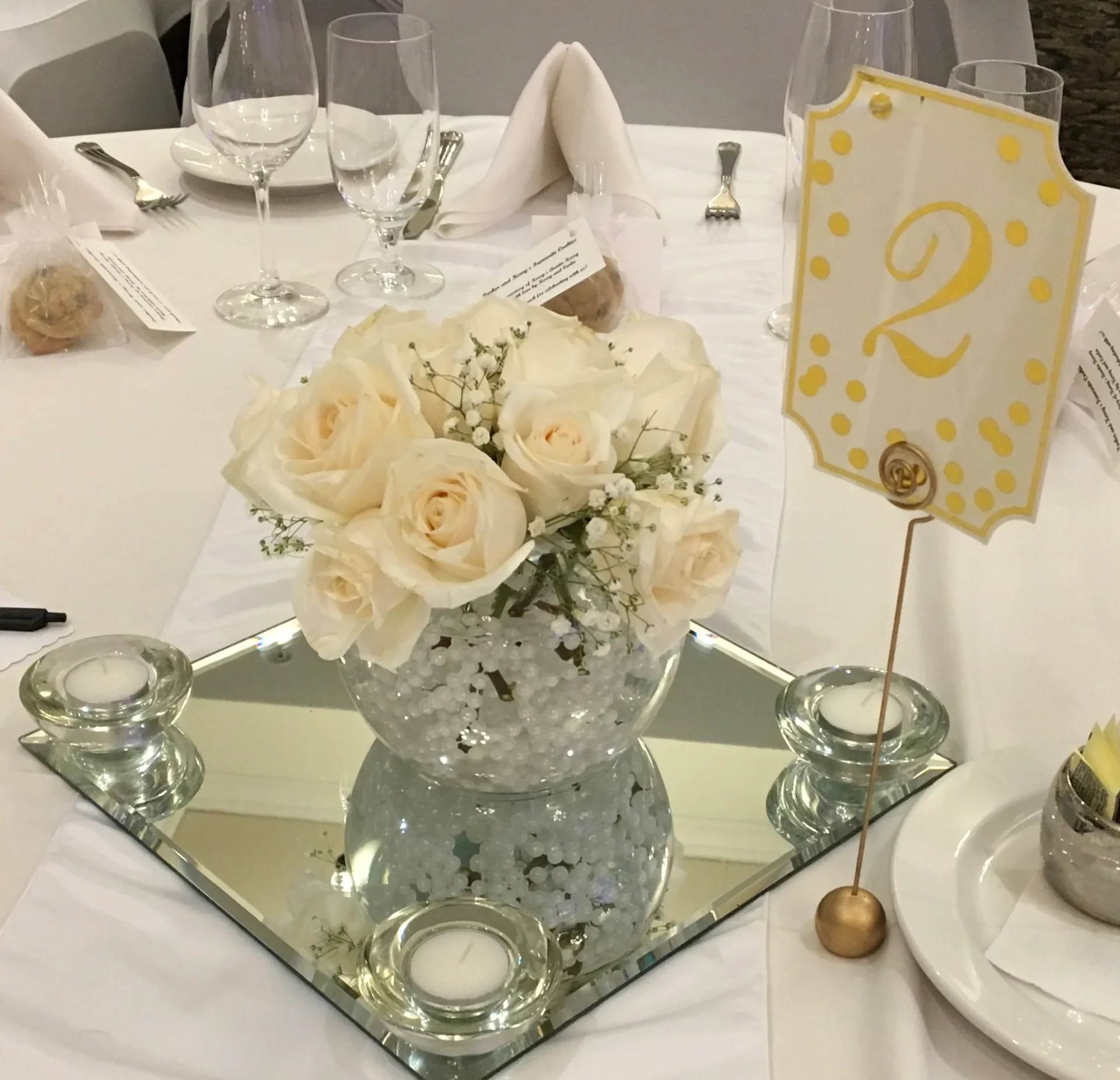 A table with white flowers and candles on it.