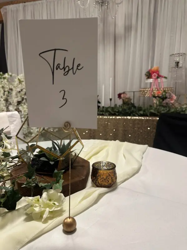 A table with a number three sign and candles.