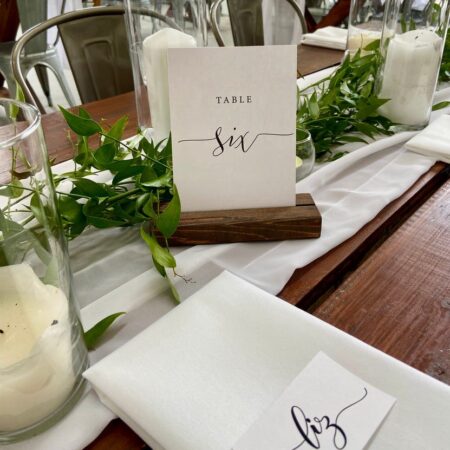 A table set with candles and place cards.