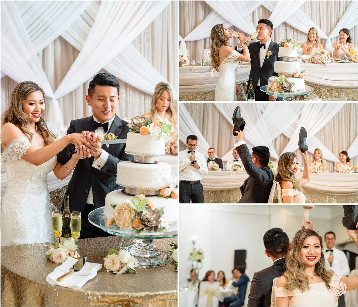 A couple cutting their wedding cake together.