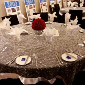 A table with many plates and silverware on it