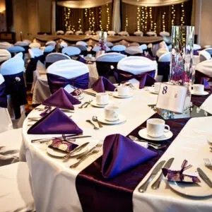 A banquet hall with tables and chairs set up for a wedding.