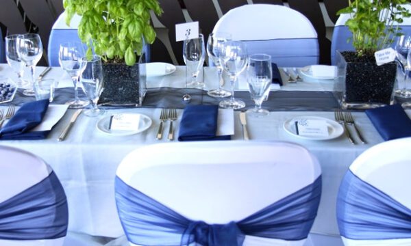 A table set with white and blue chairs.