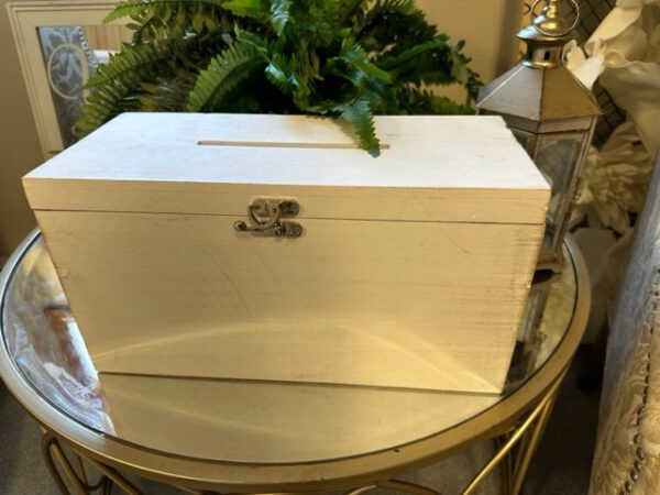 White wooden envelope box by Designer Weddings