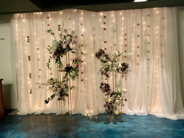 A room with a white curtain and some plants