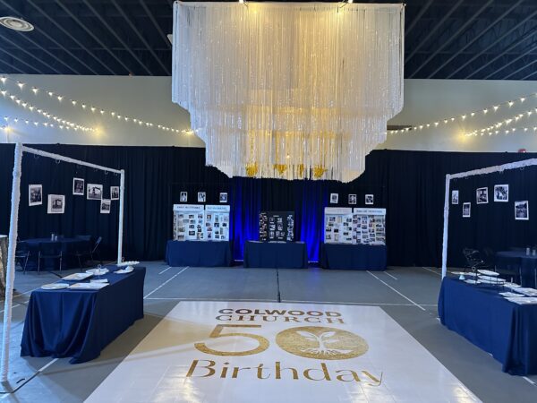 A large white and blue party room with a big chandelier.