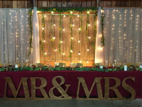 A wedding backdrop with lights and flowers