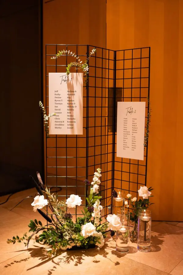 A table with flowers and seating cards on it.