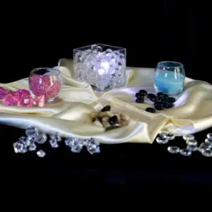 A tray with candles and other decorations on it.