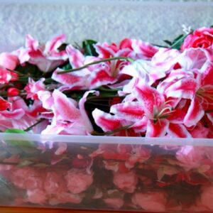pink flowers by the bin
