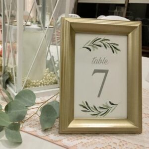 A table with a gold frame and a table number.