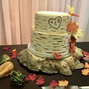 A cake that is on top of a tree stump.