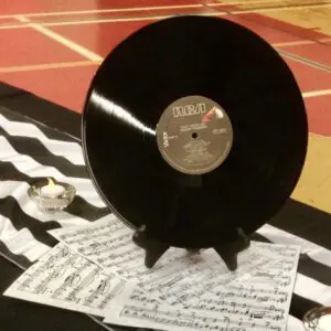 A record sitting on top of some music notes.