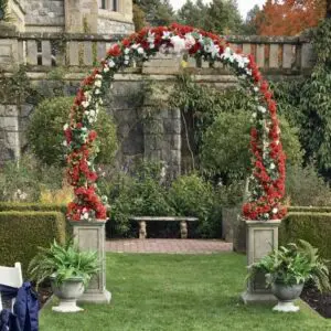 A wedding arch with flowers in the middle of it.