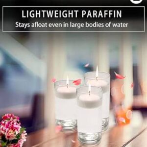 A table with candles and water on it.