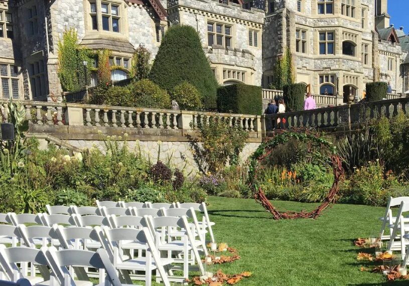 A lawn with chairs and flowers in the grass.