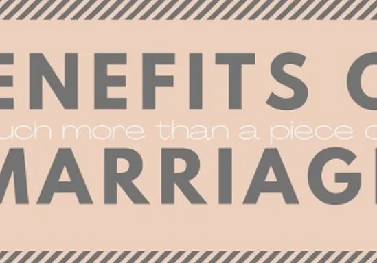 A pink and white banner with the words benefits of marriage